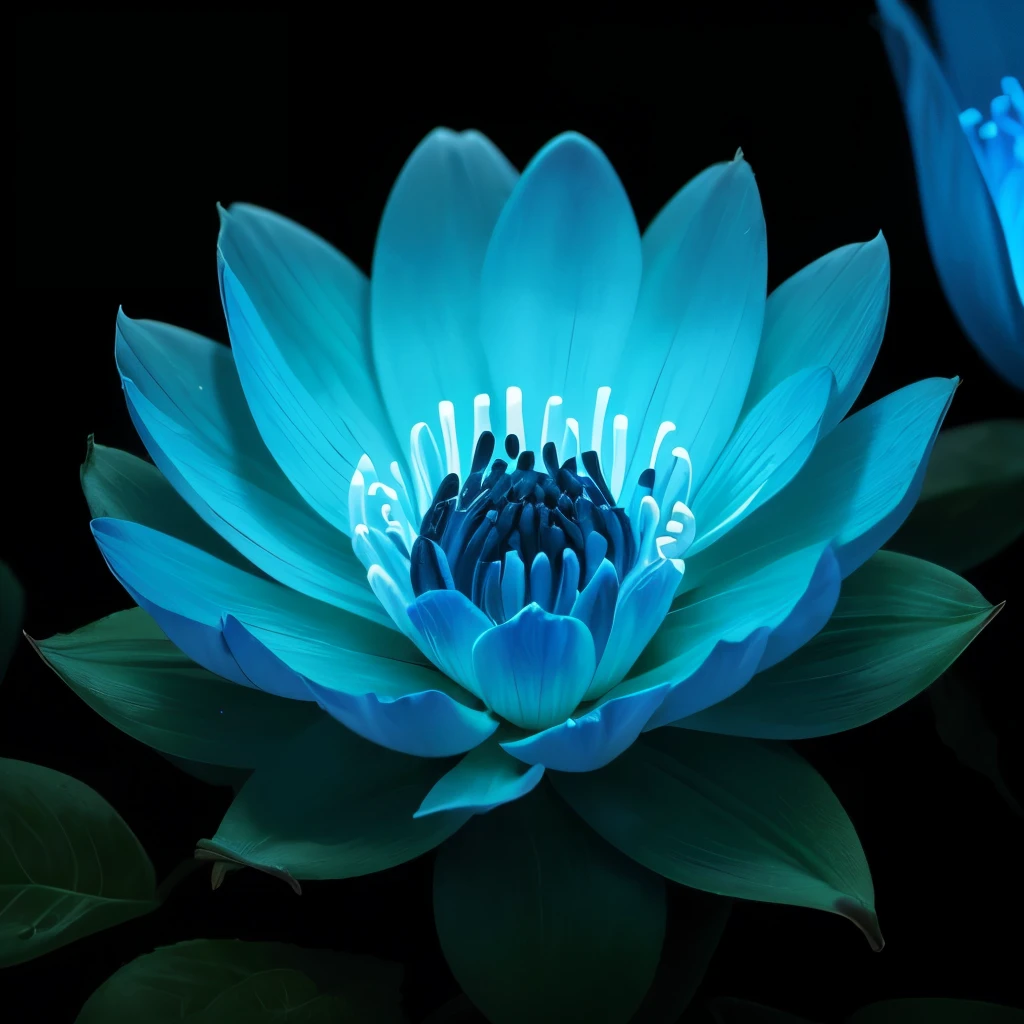 blue flowers in a black background with a black background, glowing flowers, glowing blue, glowing neon flowers, blue bioluminescence, [ bioluminescent colors ]!!, luminous flowers, bioluminescent skin!, bioluminescent plants, neon flowers, neon color bioluminescence, glowing hue of teal, blue glow