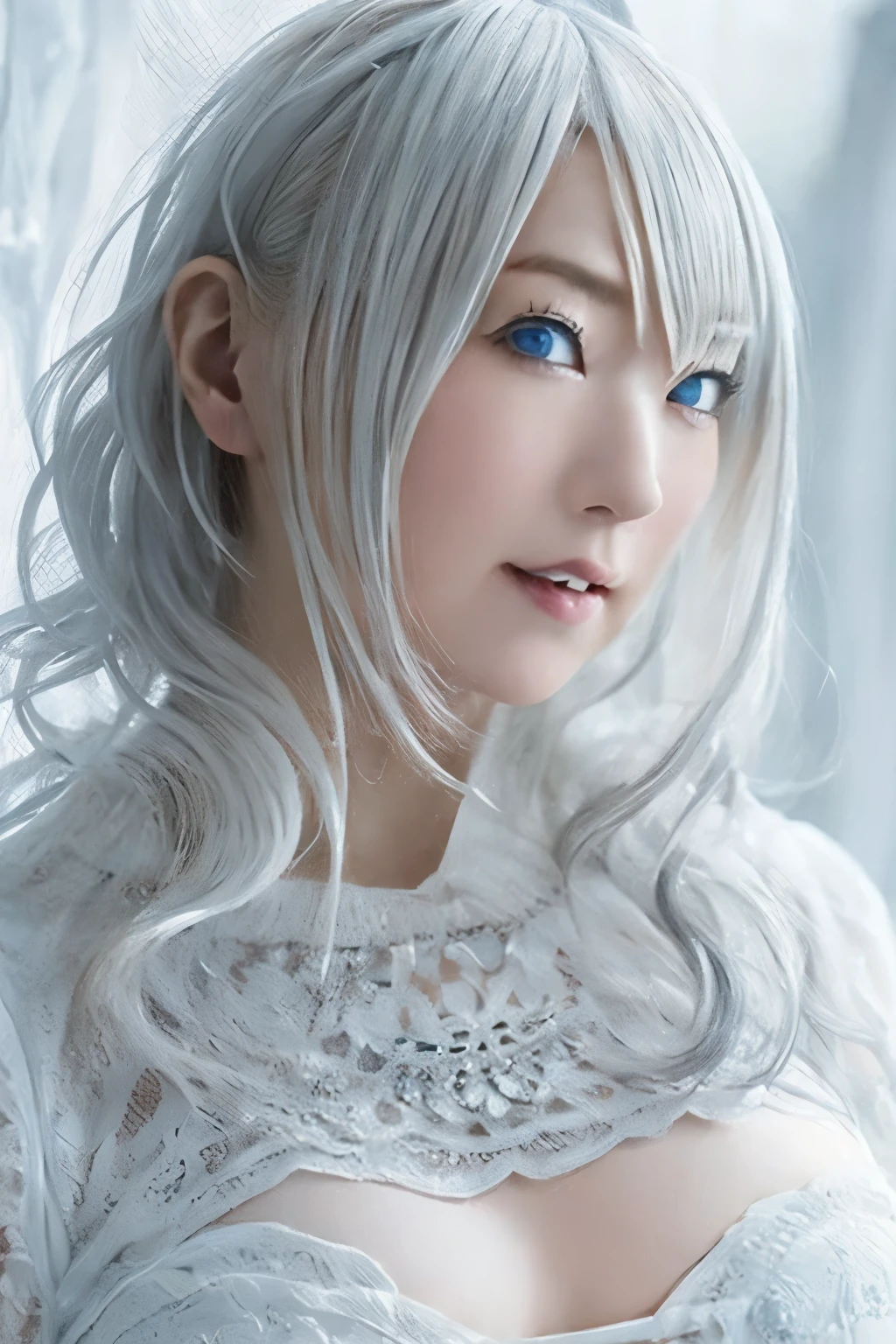 ((High quality)),masutepiece,(Detailed depiction of local details:1.2),1girl in,Blue eyes,plump breasts,Enchanted Valley,Closed mouth,Eyelashes,Looking at Viewer,Portrait,Solo,Upper body,White hair,White theme,Short hair,Silver hair,Yorha No. 2 Type B,