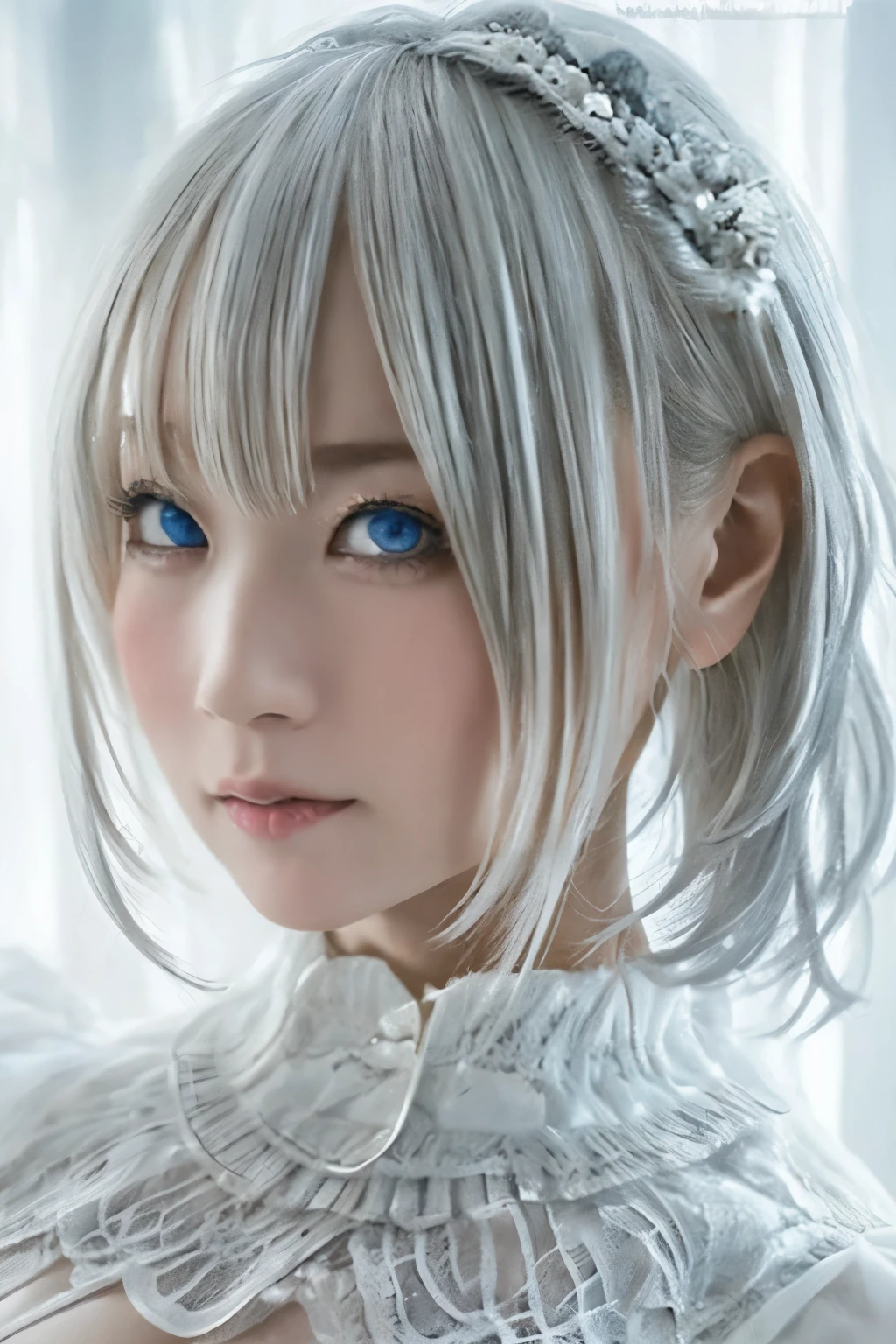 ((High quality)),masutepiece,(Detailed depiction of local details:1.2),1girl in,Blue eyes,plump breasts,Enchanted Valley,Closed mouth,Eyelashes,Looking at Viewer,Portrait,Solo,Upper body,White hair,White theme,Short hair,Silver hair,Yorha No. 2 Type B,