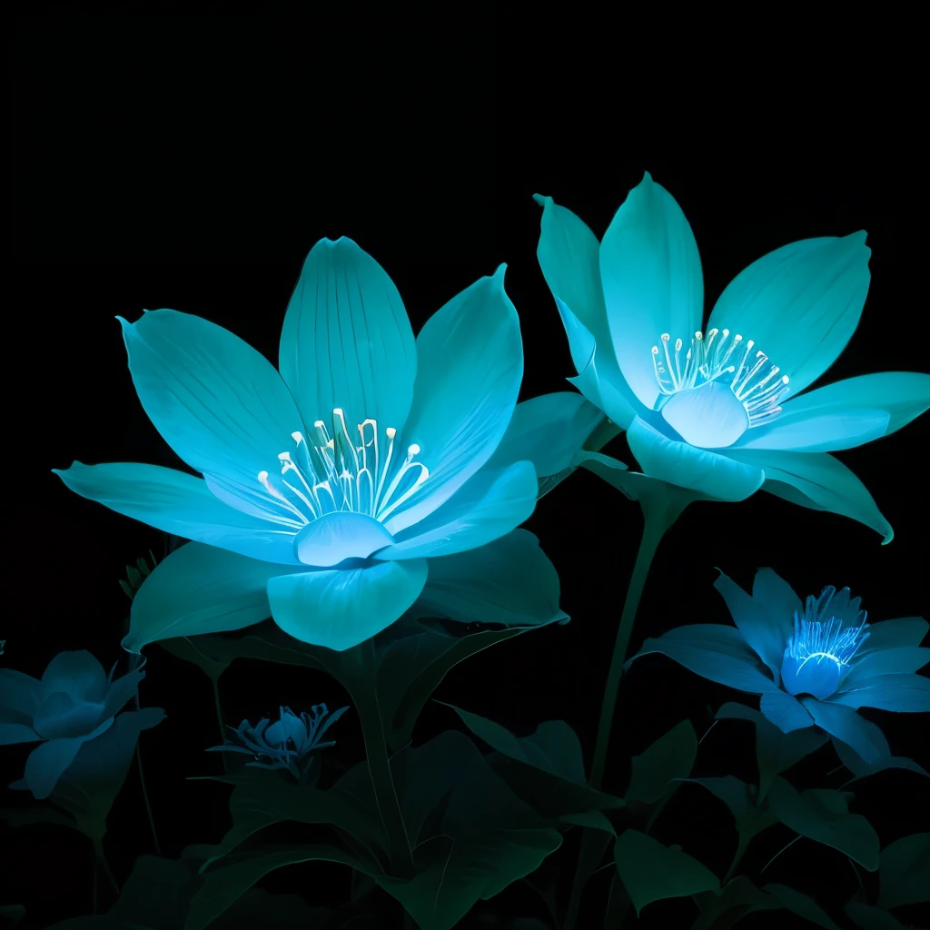 blue flowers in a black background with a black background, glowing flowers, glowing blue, glowing neon flowers, blue bioluminescence, [ bioluminescent colors ]!!, luminous flowers, bioluminescent skin!, bioluminescent plants, neon flowers, neon color bioluminescence, glowing hue of teal, blue glow