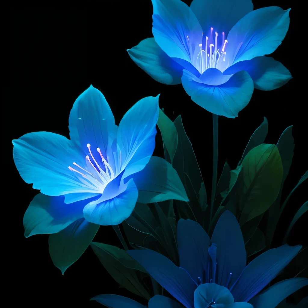 blue flowers in a black background with a black background, glowing flowers, glowing blue, glowing neon flowers, blue bioluminescence, [ bioluminescent colors ]!!, luminous flowers, bioluminescent skin!, bioluminescent plants, neon flowers, neon color bioluminescence, glowing hue of teal, blue glow