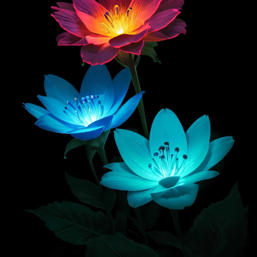 blue flowers in a black background with a black background, glowing flowers, glowing blue, glowing neon flowers, blue bioluminescence, [ bioluminescent colors ]!!, luminous flowers, bioluminescent skin!, bioluminescent plants, neon flowers, neon color bioluminescence, glowing hue of teal, blue glow