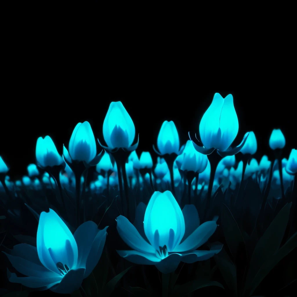 blue flowers in a black background with a black background, glowing flowers, glowing blue, glowing neon flowers, blue bioluminescence, [ bioluminescent colors ]!!, luminous flowers, bioluminescent skin!, bioluminescent plants, neon flowers, neon color bioluminescence, glowing hue of teal, blue glow