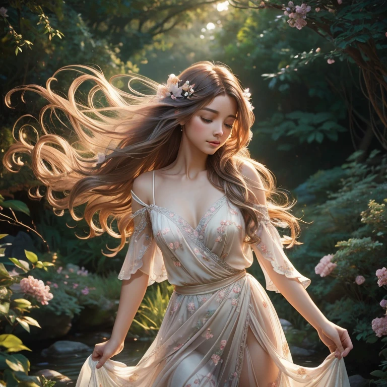 a beautiful woman in a colorful sheer airy dress with intricate embroidery, nude underneath, strolling through a lavish flower garden at night, long wavy hair, glowing skin, ethereal, cinematic lighting, moody colors, magical realism, romantic, high quality, detailed, photorealistic
