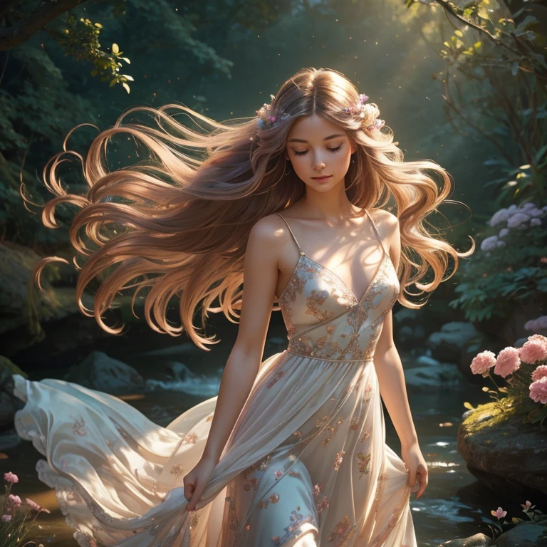 soft lighting, dreamy atmosphere, ethereal aesthetic, fantasy theme, nature elements, floral background, delicate details, flowing hair, whimsical pose, vibrant colors, sitting, hands folded, eyes closed