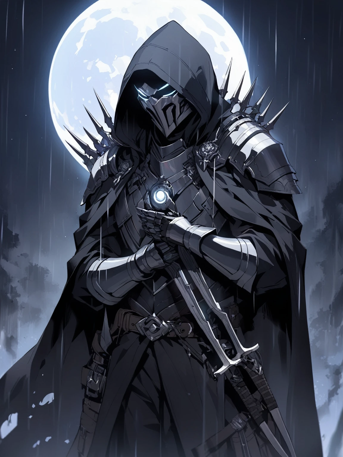 в стиле фэнтези, Один,  смотрит на зрителя, The image depicts a mysterious character in a long, black cloak with a hood hiding his face. The only visible features are glowing bright white eyes, which add a sinister look to it. His clothes are decorated with many details: belts, metal elements and armor on his shoulders and arms.

The character holds blades with sharp thin blades in his hands. The clothes and cloak on him look shabby, as if he had gone through many battles. The dark image and scraps of fabric give the scene a sense of movement and destructiveness. The background is a rainy night illuminated by a bright full moon, which makes the figure even more expressive and focuses on the gloomy dark aura of the character.