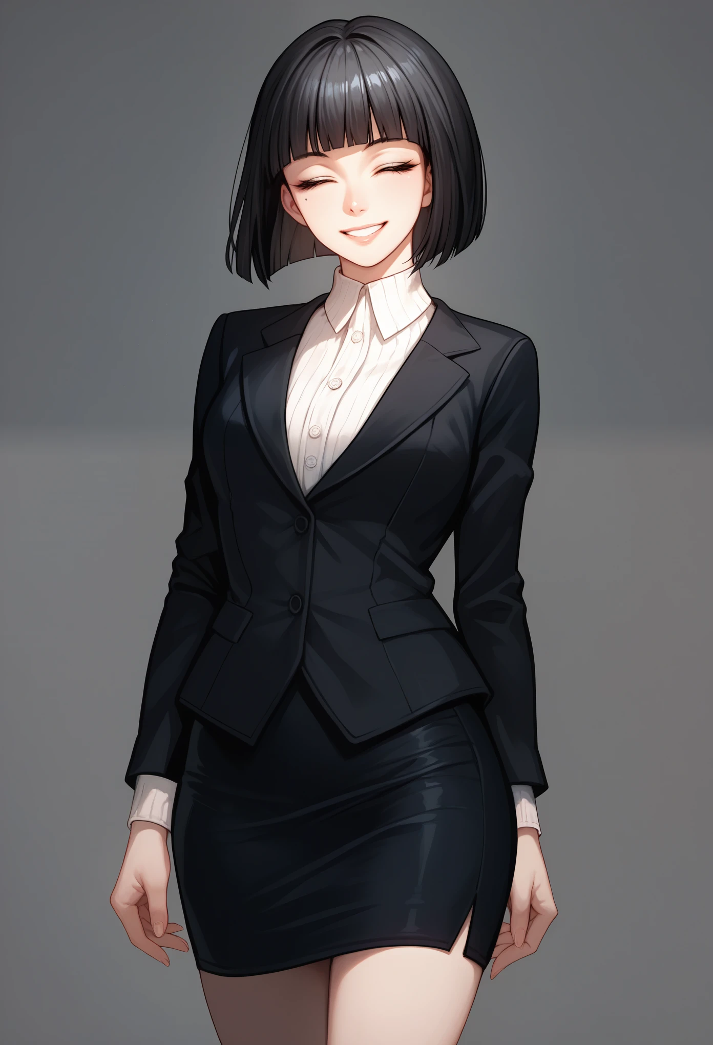 Anime Girls, beautiful detailed eyes, ultra-detailed, cowboy shot,
1girl. solo, facing viewer, looking at viewer,
closed eyes, smile, hime cut, bob cut, black hair, mole under eye, open mouse, Double tooth,
suit, pencil Skirt,
grey background, simple background, 