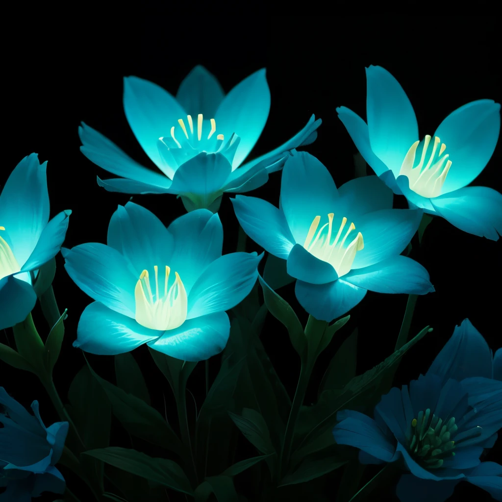 blue flowers in a black background with a black background, glowing flowers, glowing blue, glowing neon flowers, blue bioluminescence, [ bioluminescent colors ]!!, luminous flowers, bioluminescent skin!, bioluminescent plants, neon flowers, neon color bioluminescence, glowing hue of teal, blue glow