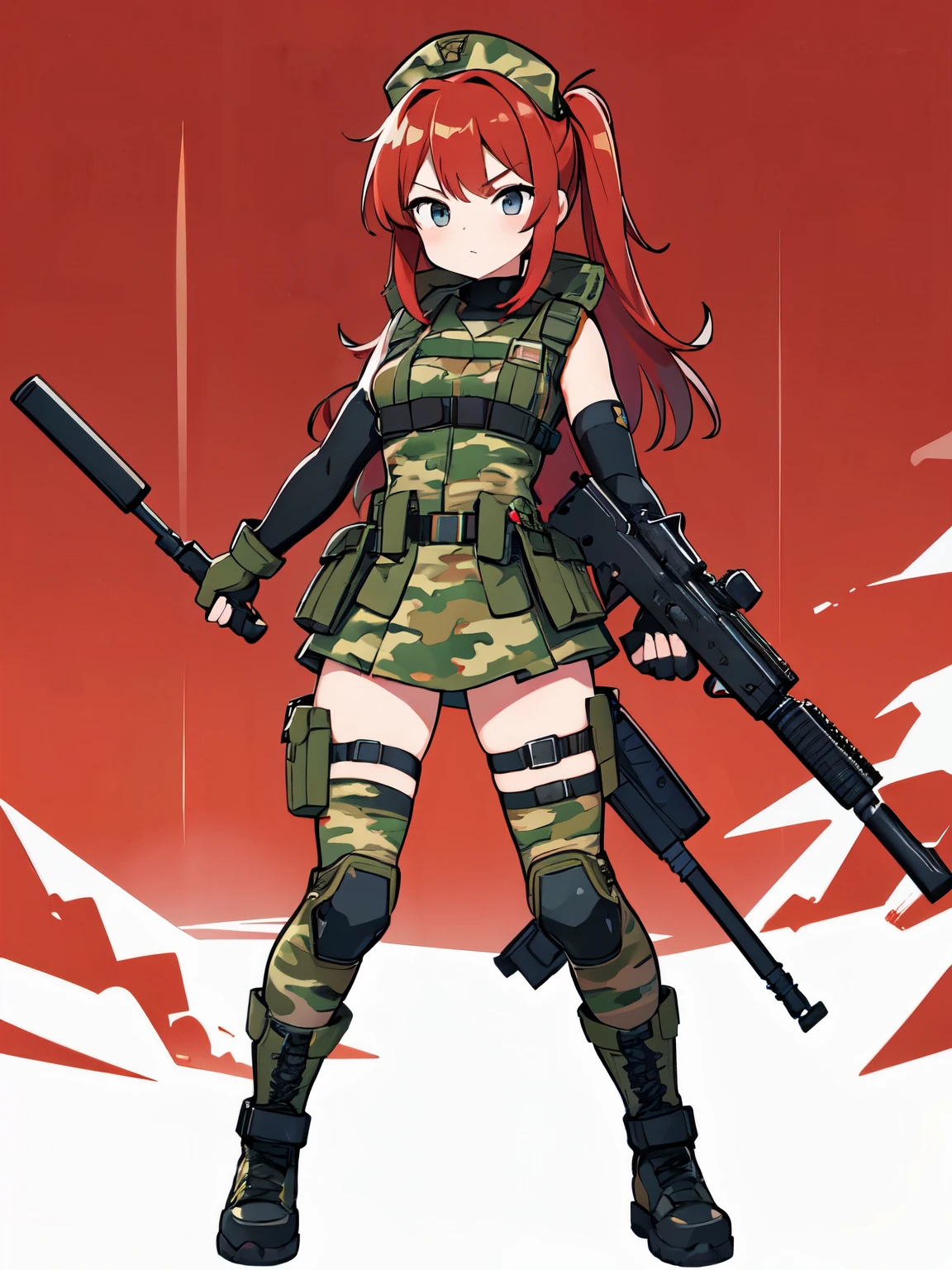 ((red camouflage)), ((1girl)), tactical maid, tactical clothes red camouflage, (tactical) light vest, tactical light equipment, Tactical boots, tactical straps, tactical knife, tactical fingerless gloves, tactical harness, maid battle, tactical thigh belt, anime maid, tactical joint protections, Knee Pads and Elbow Pads Tactical Protection, full body, athletic body, military straps, red camouflage uniform, red camouflage maid clothes, maid red camouflage dress, red command, masterpiece, best quality, e-girl make up, girl full atletic body, red hair, elegant hairstyle, with red military camouflage pants, tomboy attitude, combat pose, standing pose, communications diadem, mesh flannel without red military jacket shooting, military goggles over the hellmet, sophisticated attitude, intintimidating, tactical straps, exposed abs, machinegun,