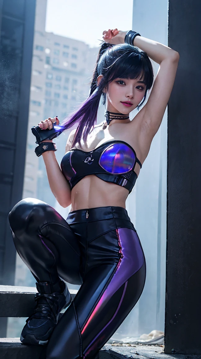 (masterpiece), best quality, 4k, HD, expressive eyes, perfect face, ABS,  muscular, tight open cropped PVC jacket, cyberpunk, spread armpit, bandeau, center opening, bare shoulders, breasts, collarbone, feet out of frame, own thigh, taut high-waist pants, high ponytail, light rays, long hair, purple eyes, medium breasts, cyberpunk theme, villain, purple eyes, purple hair, solo, strapless, sweaty, sunlight, very long hair, knee pads, Mecha wall, taut mecha leather yoga pants, navel, sweat, LED shoes, horny smile, lowleg pants, laser, skindentation, moans, areolae clothes, muscular arms, pussy juice, sweatdrop, sexual fluids, clothing cutout, fullbody, muscle suggestive fluid, soaking wet, holographic clothing, moans, handcuffs, pubic v hair, jail prison, raped yelan