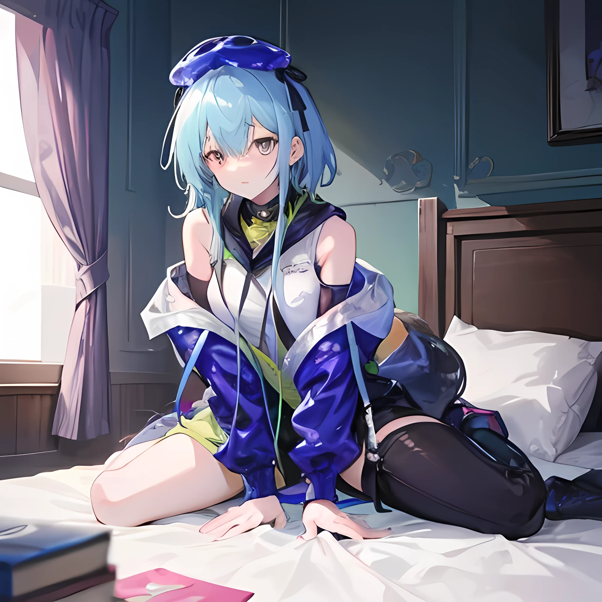 Anime-like image quality,Best Quality,Tempting,Dogwood（ Arknights ）,On the bed,Sitting,Show the whole body,Spread your legs as far as you can,I can see your pants