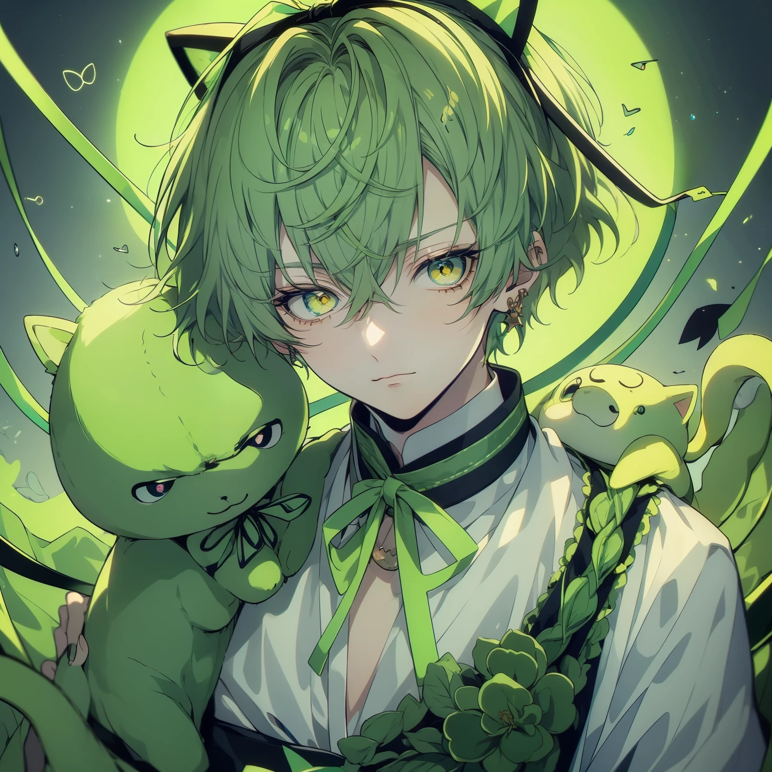 (absurdres), RAW photo, extremely delicate and beautiful, masterpiece, Best Quality, ultra high resolution, 32k, hyperrealistic, ultra-detailed,1 femboy, short green hair, light orange eyes, fun, best shot, perfect angle, bokeh background, cool, anime hand drawn illustration, trending pixiv fanbox,