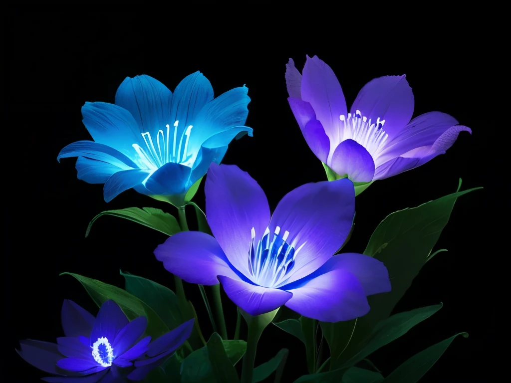 blue flowers in a black background with a black background, a colorized photo by Tadashi Nakayama, flickr, fine art, glowing flowers, glowing blue, glowing neon flowers, blue bioluminescence, [ bioluminescent colors ]!!, luminous flowers, bioluminescent skin!, bioluminescent plants, neon flowers