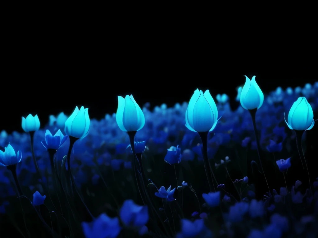 blue flowers in a black background with a black background, a colorized photo by Tadashi Nakayama, flickr, fine art, glowing flowers, glowing blue, glowing neon flowers, blue bioluminescence, [ bioluminescent colors ]!!, luminous flowers, bioluminescent skin!, bioluminescent plants, neon flowers