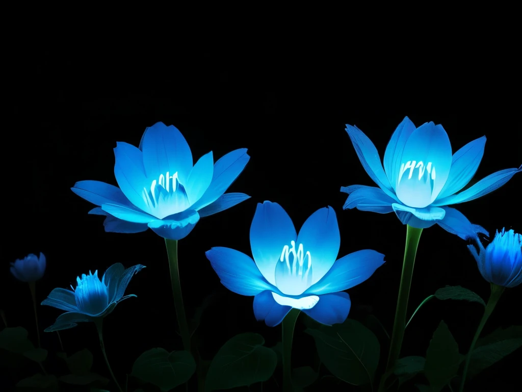 blue flowers in a black background with a black background, a colorized photo by Tadashi Nakayama, flickr, fine art, glowing flowers, glowing blue, glowing neon flowers, blue bioluminescence, [ bioluminescent colors ]!!, luminous flowers, bioluminescent skin!, bioluminescent plants, neon flowers