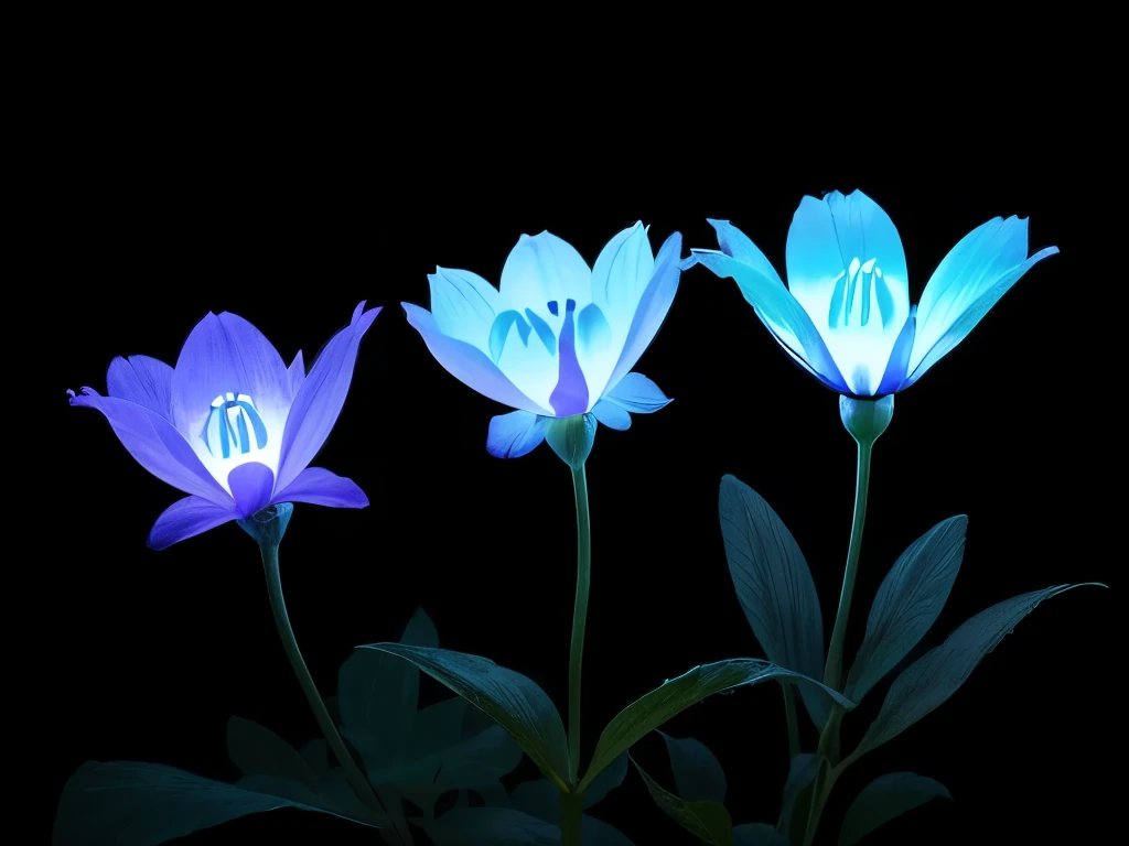 blue flowers in a black background with a black background, a colorized photo by Tadashi Nakayama, flickr, fine art, glowing flowers, glowing blue, glowing neon flowers, blue bioluminescence, [ bioluminescent colors ]!!, luminous flowers, bioluminescent skin!, bioluminescent plants, neon flowers