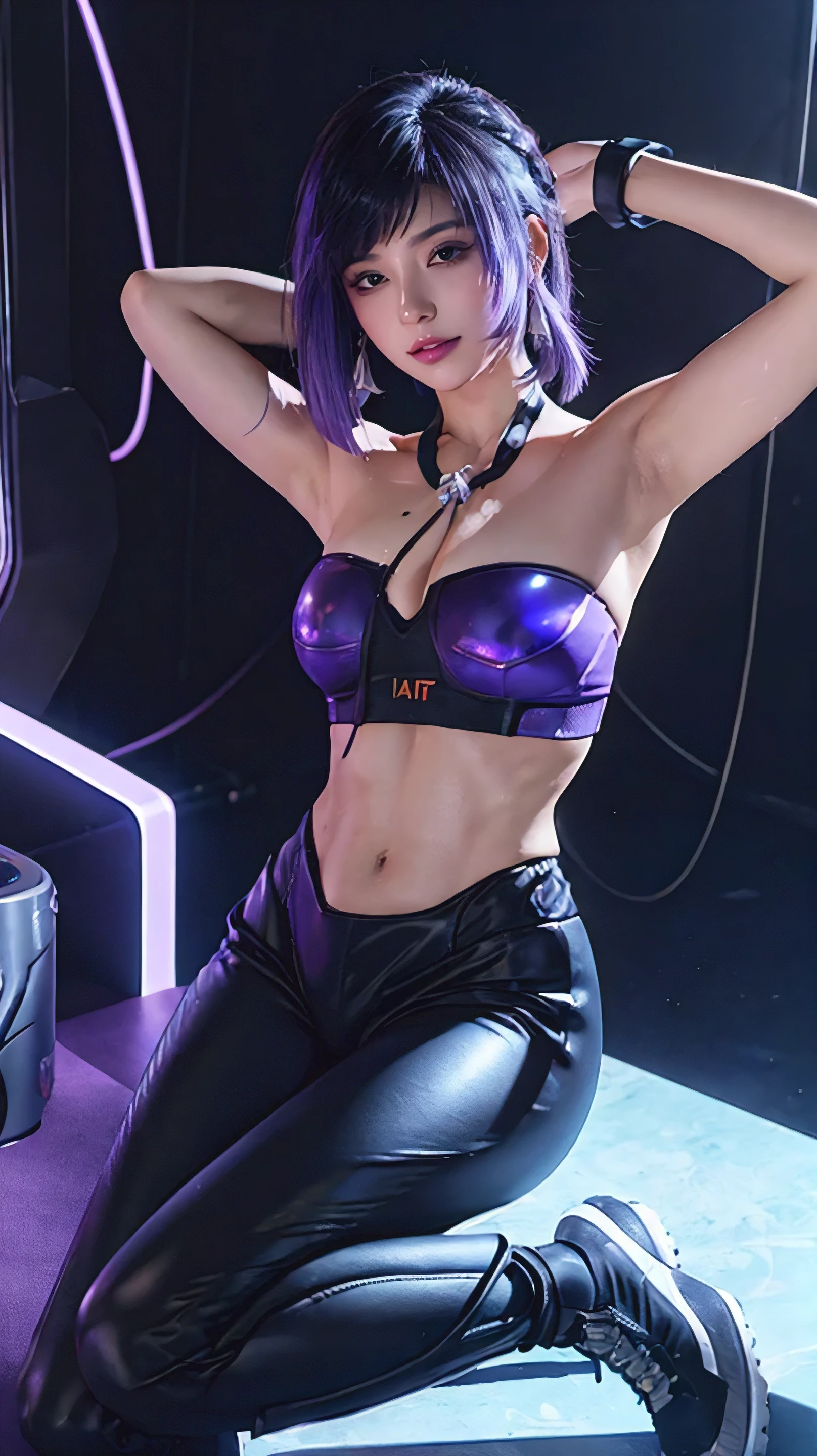 (masterpiece), best quality, 4k, HD, expressive eyes, perfect face, ABS,  muscular, tight open cropped PVC jacket, cyberpunk, spread armpit, bandeau, center opening, bare shoulders, breasts, collarbone, feet out of frame, own thigh, taut high-waist pants, high ponytail, light rays, long hair, purple eyes, medium breasts, cyberpunk theme, villain, purple eyes, purple hair, solo, strapless, sweaty, sunlight, very long hair, knee pads, Mecha wall, taut mecha leather yoga pants, navel, sweat, LED shoes, horny smile, lowleg pants, laser, skindentation, moans, areolae clothes, muscular arms, pussy juice, sweatdrop, sexual fluids, clothing cutout, fullbody, muscle suggestive fluid, soaking wet, holographic clothing, moans, handcuffs, pubic v hair, jail prison, raped yelan