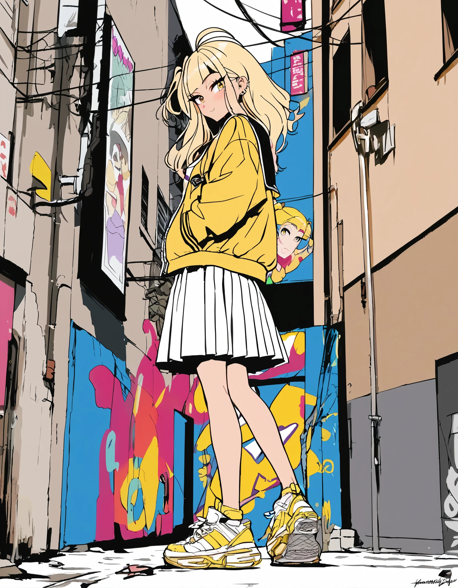 Score_9,Score_8,score_7_up,source_anime, rating_questionable, back alley, stylish pose, ceiling, from side, squatting, sneakers focus,
thick outline, thick outline, black outline, sexy girl, gyaru, bimbo, cute, pale skin, gyaru clothes, white shirt, street style, pleated skirt, sneakers, single V,
glamorous, blushing, flushed face, yellow eyes, two side up blonde hair, tan lines, 