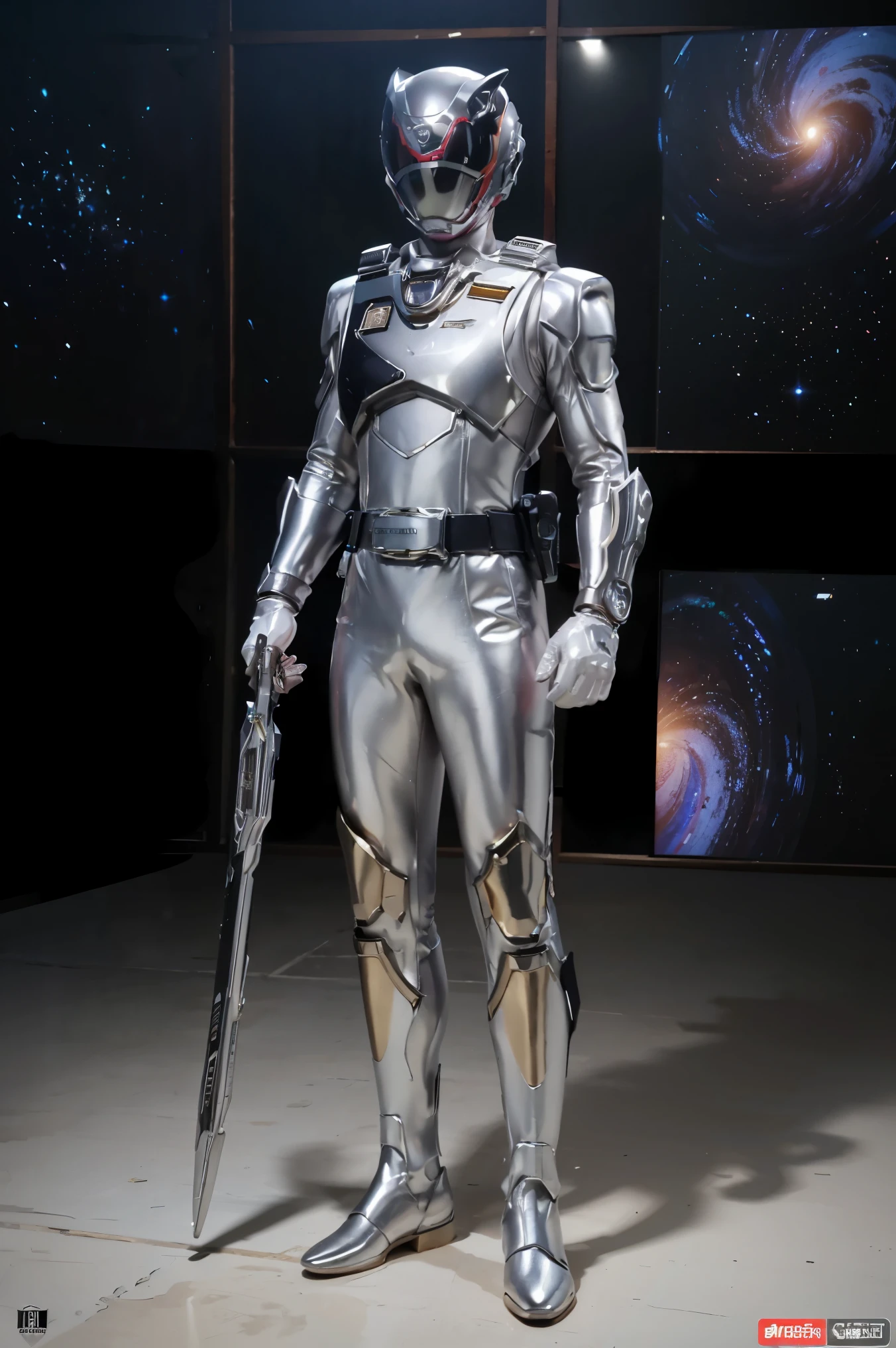 1boy, full body, Illustration, cinematic light, high resolution, best quality, ultra-detailed, masterpiece, power suit, powerranger, suit, spd, (Silver and Gold chest plate), white and gold detail, (((galaxy suit))), ((police theme:1.2))