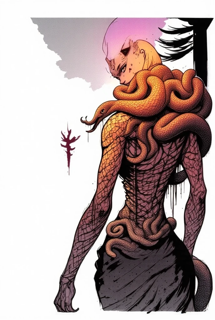 Medusa, splash page decompressed comic cover art, ink style figure,((expressive Joelle Jones and "Sean Gordon Murphy" comic drawing)), wordless, cinematic poster, double exposure, optical illusion, image within image, abyss void black no visibility darkness, full length portrait, (background, pine barrens, entropy, rewilding, magic hour sunset, galaxy stars, cosmos), (horror, abstract, surreal, body, cosmic), candid, snake skin dress, body anatomy drawn Frederic Delavier musculature anatomical illustration, (face, ornate black metal corpse paint, resembles Grace Jones), (body, Naga, snakefolk, lower body snake tail, snake woman hybrid, bald, hairless, skeleton, snake skin tattoos, piercing eyes, snake pupils, over the shoulder), (colors, bleak muted deep fiery radiant glowing ROYGBIV, forest green, earth brown), craftsmanship nuance, (Gerardo Zaffino charcoal), subliminal orchids, nyctophobia, silhouette




