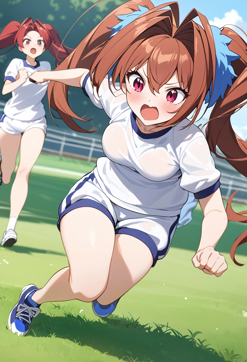 Best Quality、Daiwa Scarlet、Young girl、Firm breasts、White gym clothes、Navy blue bloomers、Reddish brown hair、 twin tails、lawn、Running、 seems to be having fun