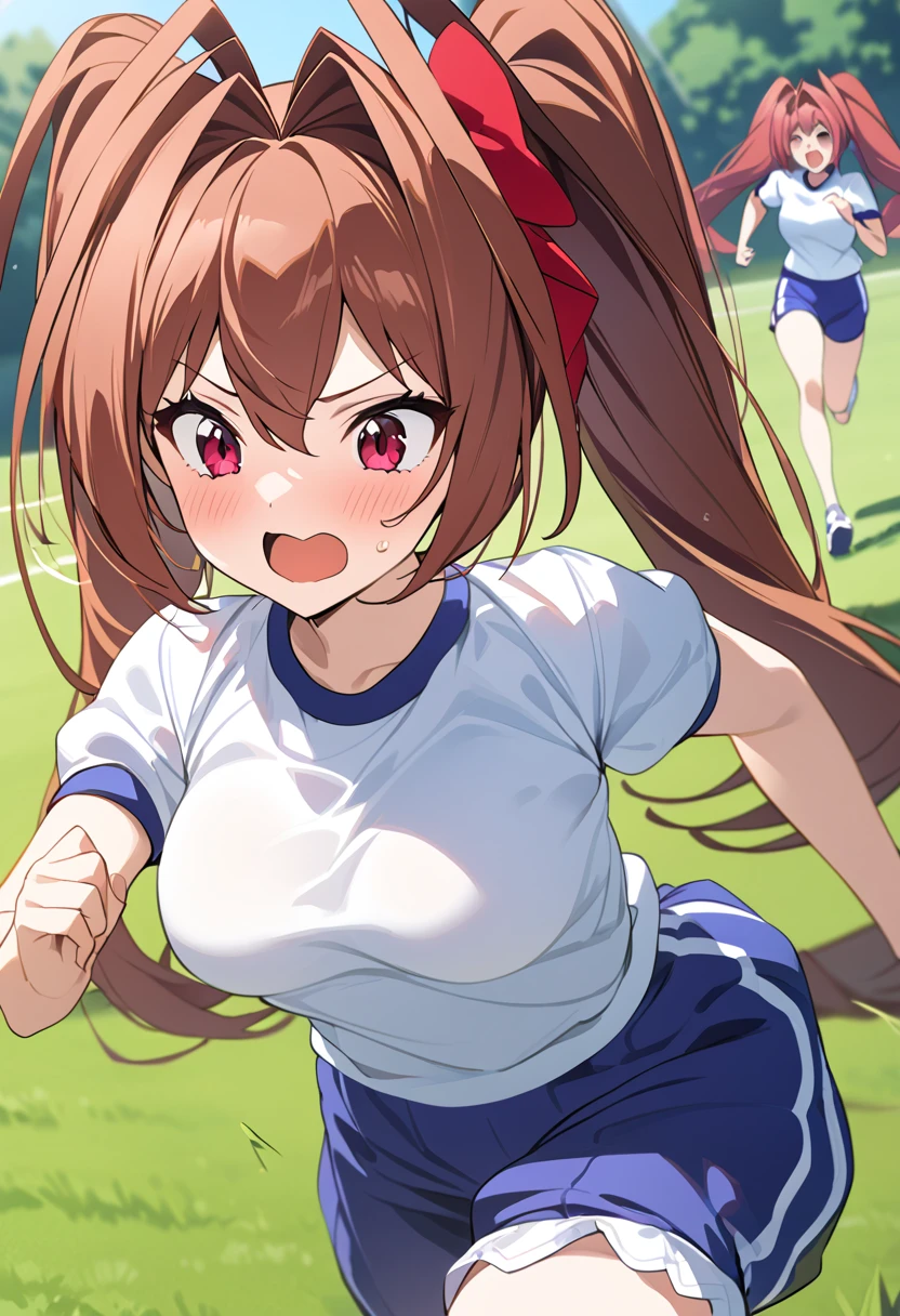 Best Quality、Daiwa Scarlet、Young girl、Firm breasts、White gym clothes、Navy blue bloomers、Reddish brown hair、 twin tails、lawn、Running、 seems to be having fun