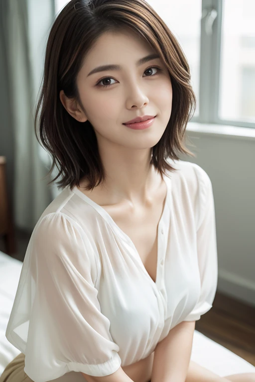 realistic light,natural light,white background,최고 quality、8 thousand、32,000、masterpiece、uhd:1.2) quality, primitive photorealism, laugh, Beautiful girl, cute, Short hair, depth of field, high resolution, ultra detail, Highly detailed eyes and face,small eyes,Short hair,short cut,short hair,Ivory Jacket