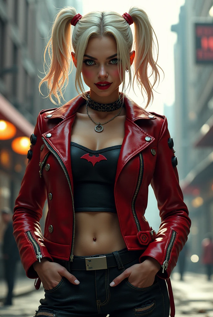 harley quinn wearing leather jacket