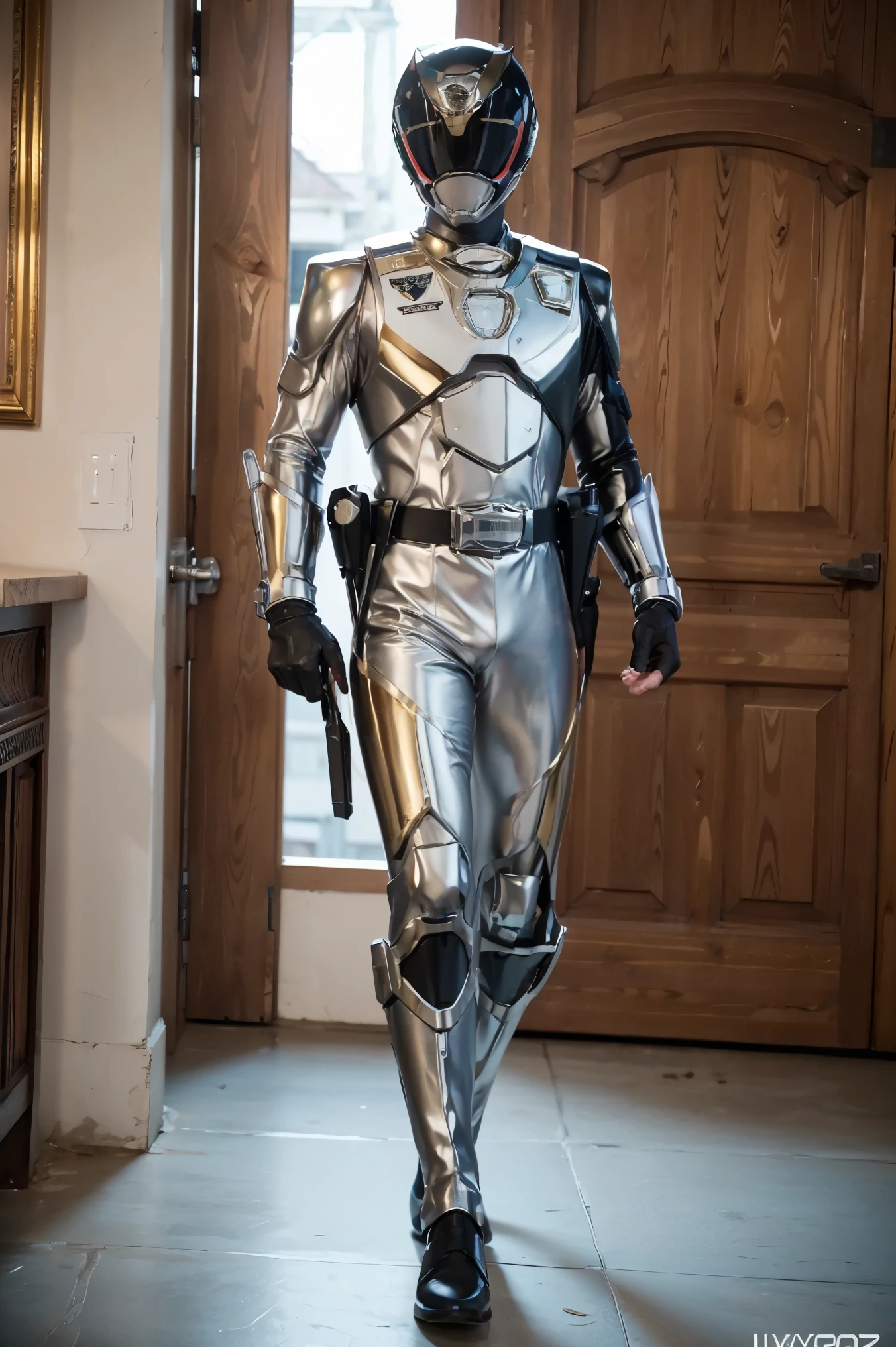 1boy, full body, Illustration, cinematic light, high resolution, best quality, ultra-detailed, masterpiece, power suit, powerranger, suit, spd, (Silver and Gold chest plate), white and gold detail, (((Formal suit))), ((police theme:1.2))