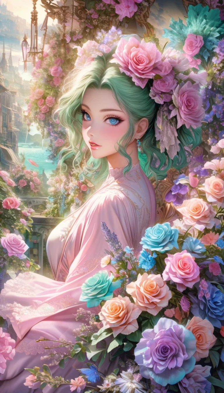 Whimsical Fantasy、Elegant rose flower、botany、Minimalism、Wave of flowers、Flowing Flower、A garden floating in a hazy pastel pink, Aqua Green, Pastel Apricot, Smoke Fractal, There is a good atmosphere、Very realistic flowers,  Octaine Rendering , Josephine Wall Art, Isabel Mennin, Jean, Amy Brown  