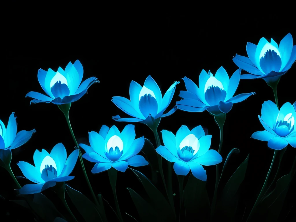 blue flowers in a black background with a black background, a colorized photo by Tadashi Nakayama, flickr, fine art, glowing flowers, glowing blue, glowing neon flowers, blue bioluminescence, [ bioluminescent colors ]!!, luminous flowers, bioluminescent skin!, bioluminescent plants, neon flowers