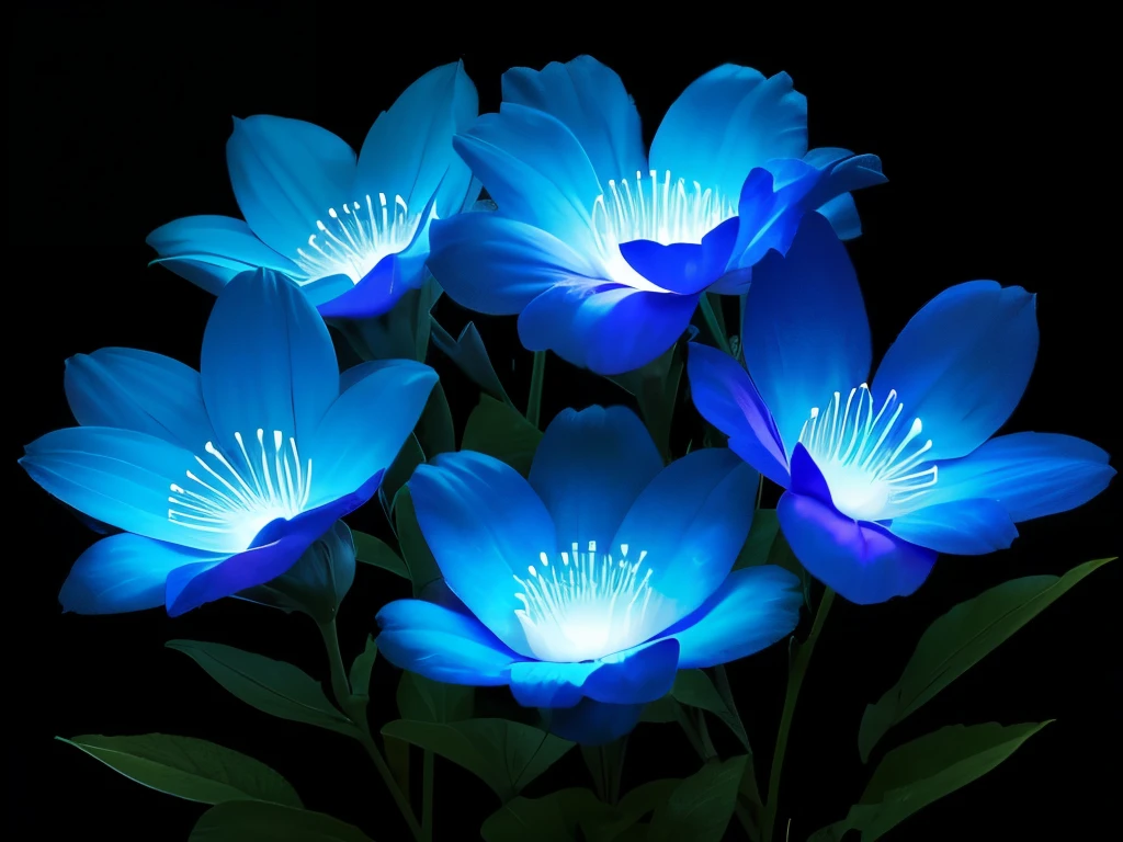 blue flowers in a black background with a black background, a colorized photo by Tadashi Nakayama, flickr, fine art, glowing flowers, glowing blue, glowing neon flowers, blue bioluminescence, [ bioluminescent colors ]!!, luminous flowers, bioluminescent skin!, bioluminescent plants, neon flowers