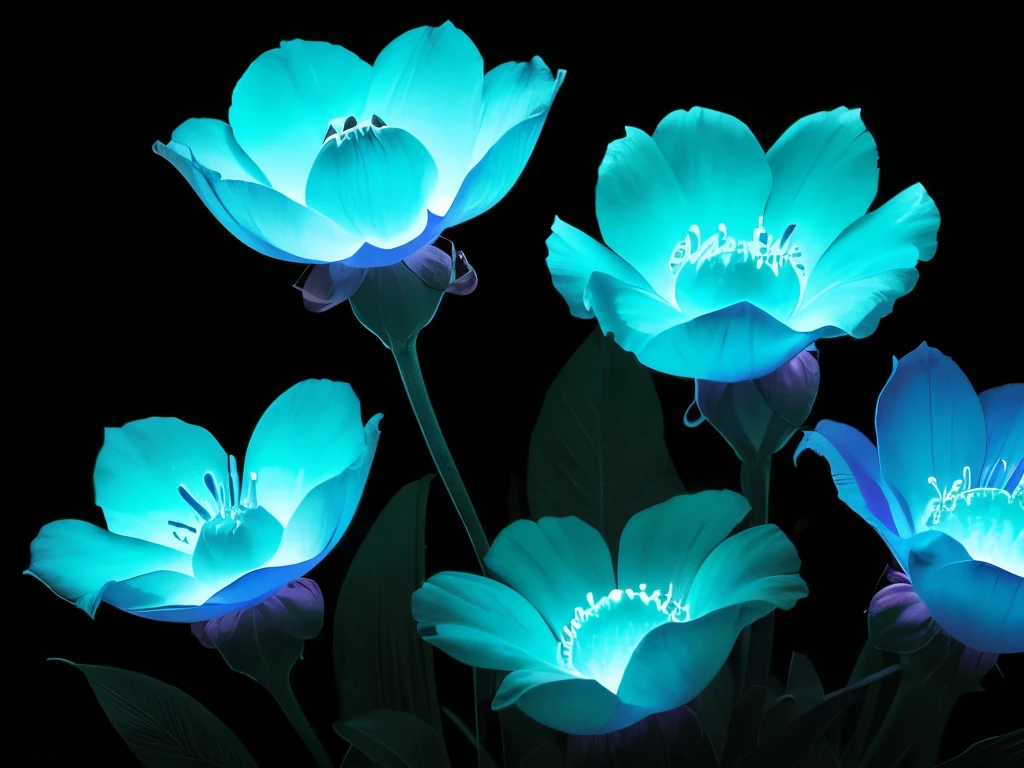 blue flowers in a black background with a black background, a colorized photo by Tadashi Nakayama, flickr, fine art, glowing flowers, glowing blue, glowing neon flowers, blue bioluminescence, [ bioluminescent colors ]!!, luminous flowers, bioluminescent skin!, bioluminescent plants, neon flowers