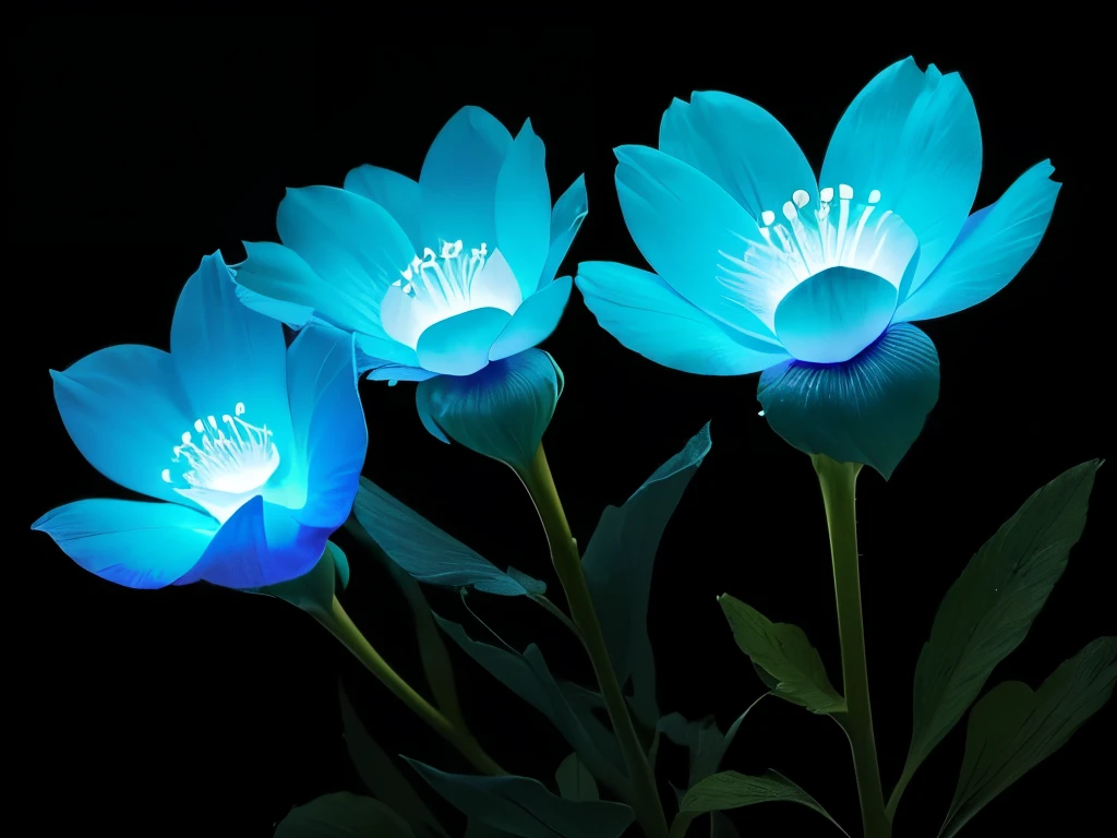 blue flowers in a black background with a black background, a colorized photo by Tadashi Nakayama, flickr, fine art, glowing flowers, glowing blue, glowing neon flowers, blue bioluminescence, [ bioluminescent colors ]!!, luminous flowers, bioluminescent skin!, bioluminescent plants, neon flowers