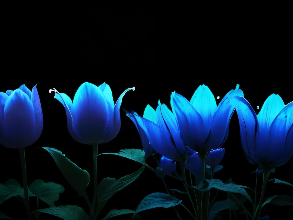 blue flowers in a black background with a black background, a colorized photo by Tadashi Nakayama, flickr, fine art, glowing flowers, glowing blue, glowing neon flowers, blue bioluminescence, [ bioluminescent colors ]!!, luminous flowers, bioluminescent skin!, bioluminescent plants, neon flowers