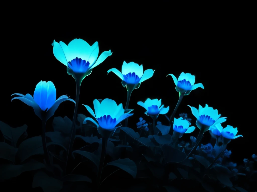 blue flowers in a black background with a black background, a colorized photo by Tadashi Nakayama, flickr, fine art, glowing flowers, glowing blue, glowing neon flowers, blue bioluminescence, [ bioluminescent colors ]!!, luminous flowers, bioluminescent skin!, bioluminescent plants, neon flowers