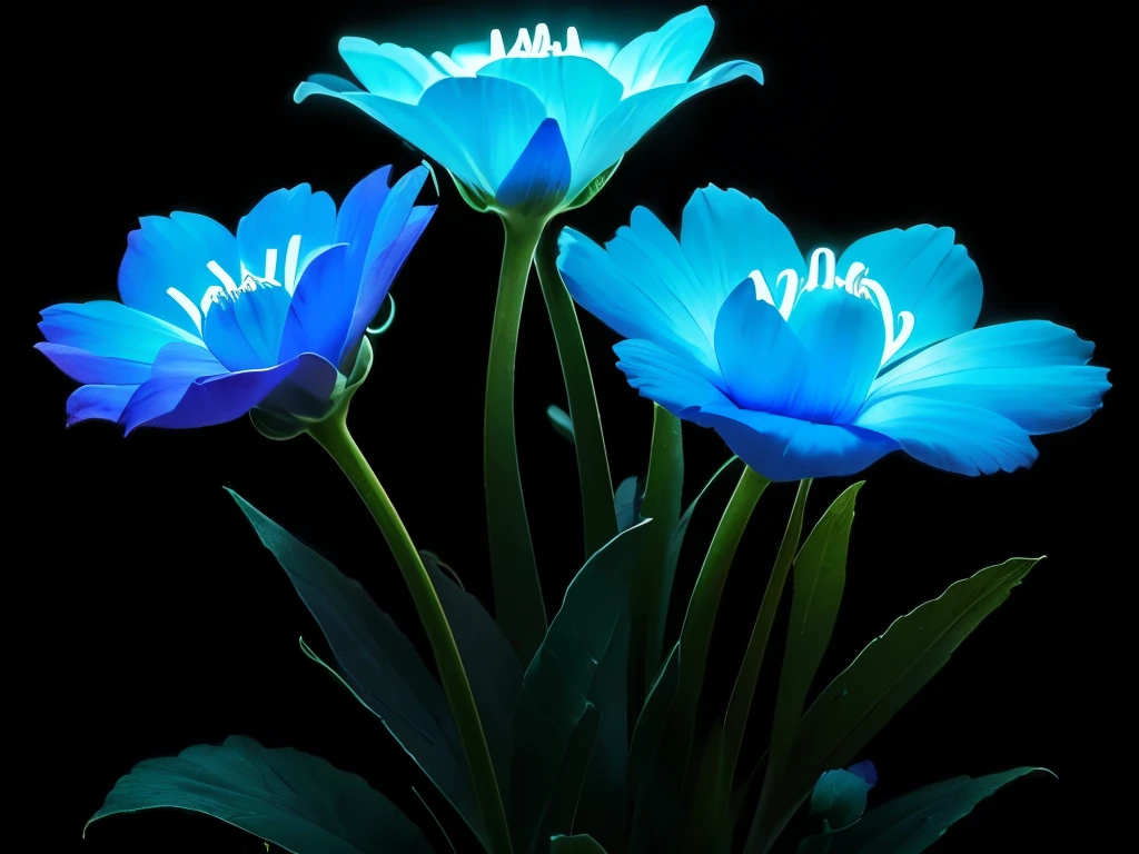 blue flowers in a black background with a black background, a colorized photo by Tadashi Nakayama, flickr, fine art, glowing flowers, glowing blue, glowing neon flowers, blue bioluminescence, [ bioluminescent colors ]!!, luminous flowers, bioluminescent skin!, bioluminescent plants, neon flowers