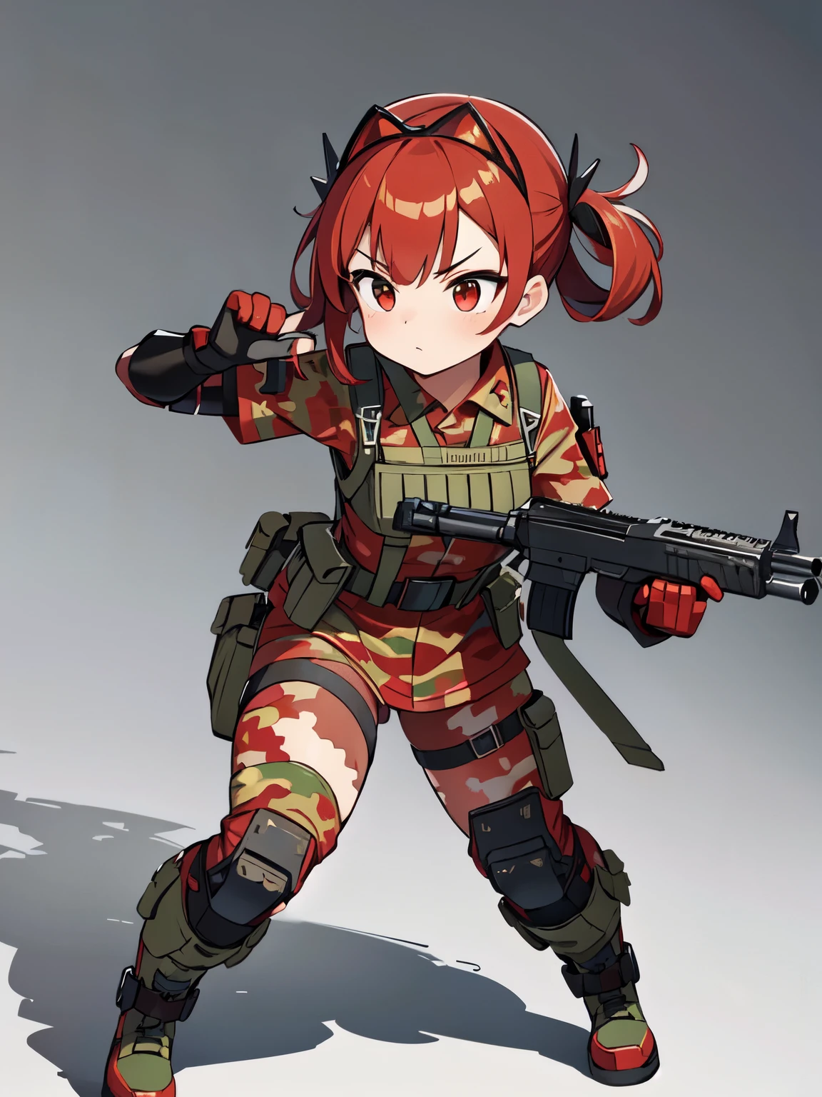 ((red camouflage)), ((1girl)), tactical maid, tactical clothes red camouflage, (tactical) light vest, tactical light equipment, Tactical boots, tactical straps, tactical knife, tactical fingerless gloves, tactical harness, maid battle, tactical thigh belt, anime maid, tactical joint protections, Knee Pads and Elbow Pads Tactical Protection, full body, athletic body, military straps, red camouflage uniform, red camouflage maid clothes, maid red camouflage dress, red command, masterpiece, best quality, e-girl make up, girl full atletic body, red hair, elegant hairstyle, with red military camouflage pants, tomboy attitude, combat pose, standing pose, communications diadem, mesh flannel without red military jacket shooting, military goggles over the hellmet, sophisticated attitude, intintimidating, tactical straps, exposed abs, machinegun,