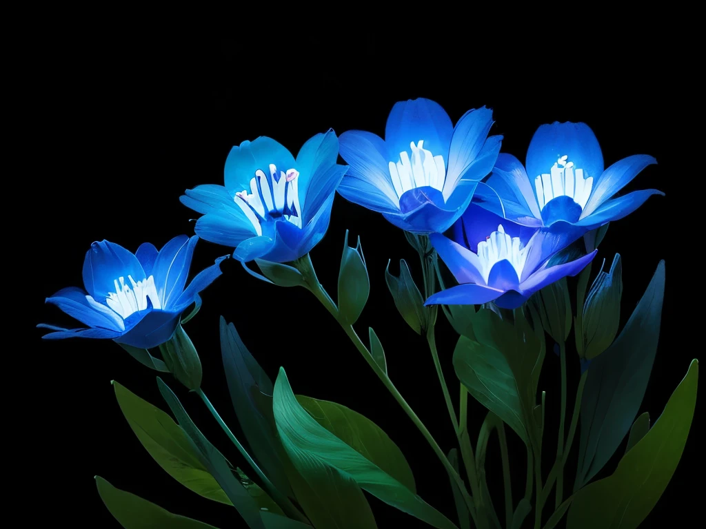 blue flowers in a black background with a black background, a colorized photo by Tadashi Nakayama, flickr, fine art, glowing flowers, glowing blue, glowing neon flowers, blue bioluminescence, [ bioluminescent colors ]!!, luminous flowers, bioluminescent skin!, bioluminescent plants, neon flowers