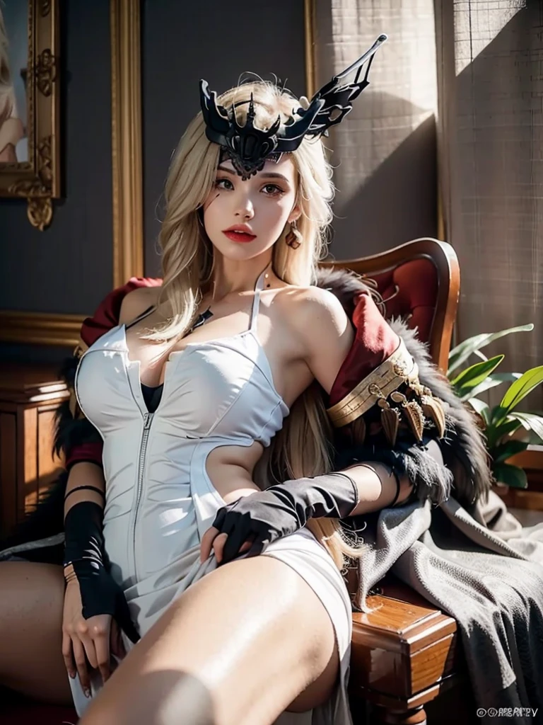 Photography Awards, Masterpiece, Photorealistic, High Resolution, soft light, signora \\(Genshin Impact\\) , Long hair, mature female, Jewelry, mask, black eye patch, black gloves, elbow gloves, fur-trim, Dress, coat, blonde hair, Long hair, mask, Dress,fur-trim, bare shoulders, bellybutton, cleavage, gigantic cleavage breasts, huge breasts