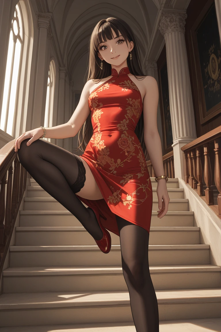  A 23 year old woman . The face features of the character ， has large and bright eyes ， Wearing a red tight-fitting dress 。 reveals black stockings or leggings ，Lip detail ，Slightly raised ，Adds to her charm。
 Slim and well-groomed ， which matches the typical anime style 。 Her posture is elegant ， shows her slim and slender figure 。
 ， The face features of the character Exquisite ， looks very elegant 。 with a golden floral pattern on the back and shoulders ， on the side of the dress 。 One leg raised on a higher step ， added a high slit 。
 Her long hair is black ， in preparation for the stairs ， The hairstyle is simple but elegant 。 One leg raised on a higher step ， goes well with the outfit 。
 with metal railing and large windows ， The sophistication of the overall look ， shows a sense of movement ， May be a dynamic pose for the character 。
 The color of her eyes corresponds to the red of the clothing {x} on her wrist A gold-colored bracelet or watch {x} shows intense sunlight shining in from the outside {x} The background shows the interior space of a modern building， Disposal on the back and shoulders ， allows natural light to enter 。 with shadows on the steps ， Her expression is confident and with a smile 。