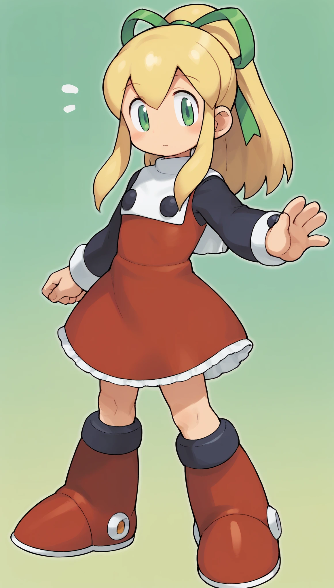 score_9, score_8_up, score_7_up, source_anime, solo,
ishikawa hideki style,Roll (Mega man), android, long hair, blush, bangs, blonde hair, long sleeves, green eyes, hair ribbon, ponytail, sidelocks, boots, frills, red skirt, red dress, frilled dress, knee boots, red footwear, outline, green ribbon, undershirt, flat chest, full body, front view, standing,