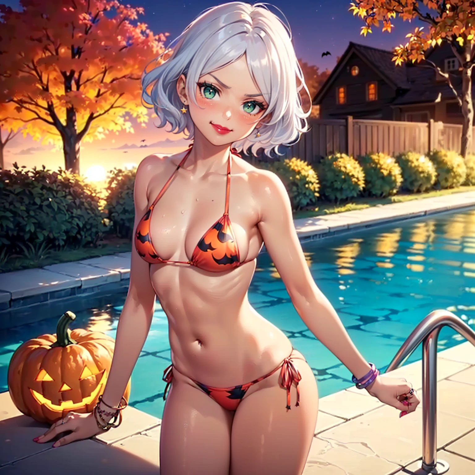 ((1 girl, Alone, alone, short hair, white hair, ((secelia dote, green eyes, small breasts, cute, small bust)), Dark, tan skin, Fitness)), ((Alone, (1 woman, pink lipstick), extremely detailed, soft ambient lighting, 4K, perfect eyes, perfect face, perfect lighting, 1 girl, jewelry, bracelets, ring)), , ((fitness,, shapely body, athletic body, toned body)), (( bikini, black bikini, thong, thong bikini, print bikini, , backyard, pool, garden, halloween decoration, halloween pumpkins, trees, grass, bats, stars, smug, red lipstick, night sky, fall, night, full moon, cloulds, smug, red lipstick, smug))