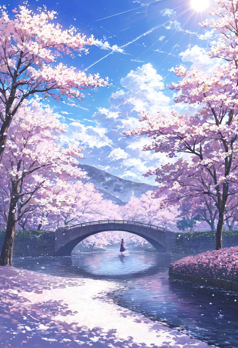 ((pastel))、One woman, river and Senbonzakura , cherry blossoms on one side per ,Cherry Blossom Snowstorm,Pink glow,noon, sunlight shines in, seen from afar,Focus on scenery , moving scene 