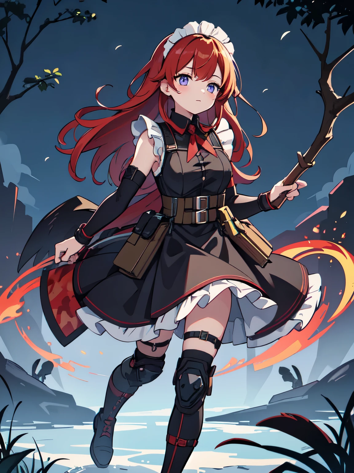 A red-haired sorceress with mesmerizing eyes and enchanting lips stands in a magical night garden, hengertips reaching out for a crow. The scene is bathed in a mysterious glow, with soft moonlight casting shadows on the lush foliage surrounding her. The witch is dressed in a flowing robe adorned with intricate patterns. The crow, with feathers as dark as the night, perches on a twisted branch, its eyes filled with intelligence and mischief. As the sorceress extends her hand, a subtle swirl of vibrant red and purple magic begins to envelop her and the crow. The atmosphere is filled with an air of both danger and intrigue, as if the witch is about to embark on an epic quest in a mystical RPG adventure. Emphasis on ultra-detailed elements, realistic textures, and vivid colors. The lighting is carefully crafted to create a sense of depth and drama, with moonlight casting delicate highlights and shadows on the witch and her surroundings. Capturing the essence of witchcraft and the allure of a sorceress immersed in a world of magic and mystery, high quality, maid, military, tactical maid, black leather fingerless gloves, 1girl solo, maid dress, maid outfit, tactical equipment, tactical leg straps, tactical, looking at viewer, military straps, military harness, military light vest, two-tone hair, ((red camouflage)), ((1girl)), tactical maid, tactical clothes red camouflage, (tactical) light vest, tactical light equipment, Tactical boots, tactical straps, tactical fingerless gloves, tactical harness, maid battle, tactical thigh belt, anime maid, tactical joint protections, Knee Pads and Elbow Pads Tactical Protection, full body, athletic body, military straps, red camouflage uniform, red camouflage maid clothes, maid red camouflage dress, red command, e-girl make up, atletic body, red hair, elegant hairstyle, combat pose, standing pose, communications diadem, mesh flannel red military jacket shooting, tactical straps, exposed abs, machinegun