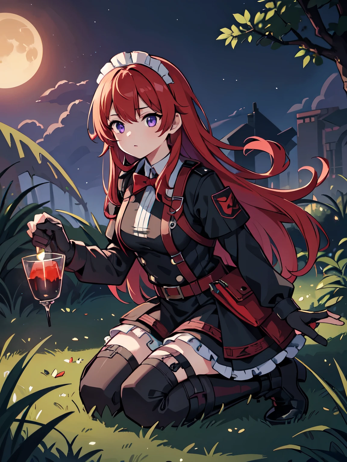 A red-haired sorceress with mesmerizing eyes and enchanting lips stands in a magical night garden, hengertips reaching out for a crow. The scene is bathed in a mysterious glow, with soft moonlight casting shadows on the lush foliage surrounding her. The witch is dressed in a flowing robe adorned with intricate patterns. The crow, with feathers as dark as the night, perches on a twisted branch, its eyes filled with intelligence and mischief. As the sorceress extends her hand, a subtle swirl of vibrant red and purple magic begins to envelop her and the crow. The atmosphere is filled with an air of both danger and intrigue, as if the witch is about to embark on an epic quest in a mystical RPG adventure. Emphasis on ultra-detailed elements, realistic textures, and vivid colors. The lighting is carefully crafted to create a sense of depth and drama, with moonlight casting delicate highlights and shadows on the witch and her surroundings. Capturing the essence of witchcraft and the allure of a sorceress immersed in a world of magic and mystery, high quality, maid, military, tactical maid, black leather fingerless gloves, 1girl solo, maid dress, maid outfit, tactical equipment, tactical leg straps, tactical, looking at viewer, military straps, military harness, military light vest, two-tone hair, ((red camouflage)), ((1girl)), tactical maid, tactical clothes red camouflage, (tactical) light vest, tactical light equipment, Tactical boots, tactical straps, tactical fingerless gloves, tactical harness, maid battle, tactical thigh belt, anime maid, tactical joint protections, Knee Pads and Elbow Pads Tactical Protection, full body, athletic body, military straps, red camouflage uniform, red camouflage maid clothes, maid red camouflage dress, red command, e-girl make up, atletic body, red hair, elegant hairstyle, combat pose, standing pose, communications diadem, mesh flannel red military jacket shooting, tactical straps, exposed abs, machinegun