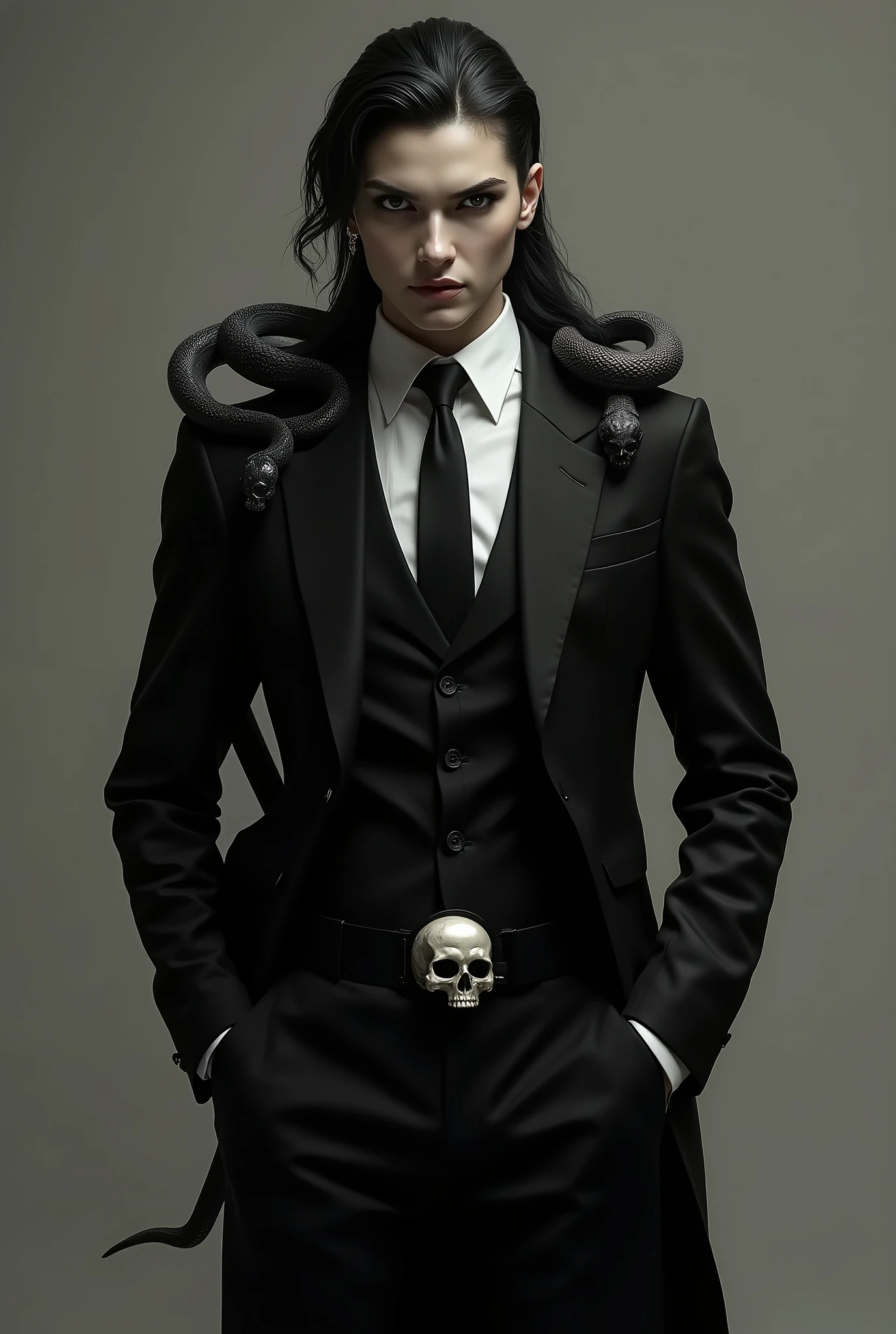 (1boy, 8k, photo, best quality, masterpiece, erotic, homoerotic, looking at viewer, slender androgynous male, queer, depraved sissy villain, medusa gorgon, face, beautiful eyes, masculine crotch:1.5)
