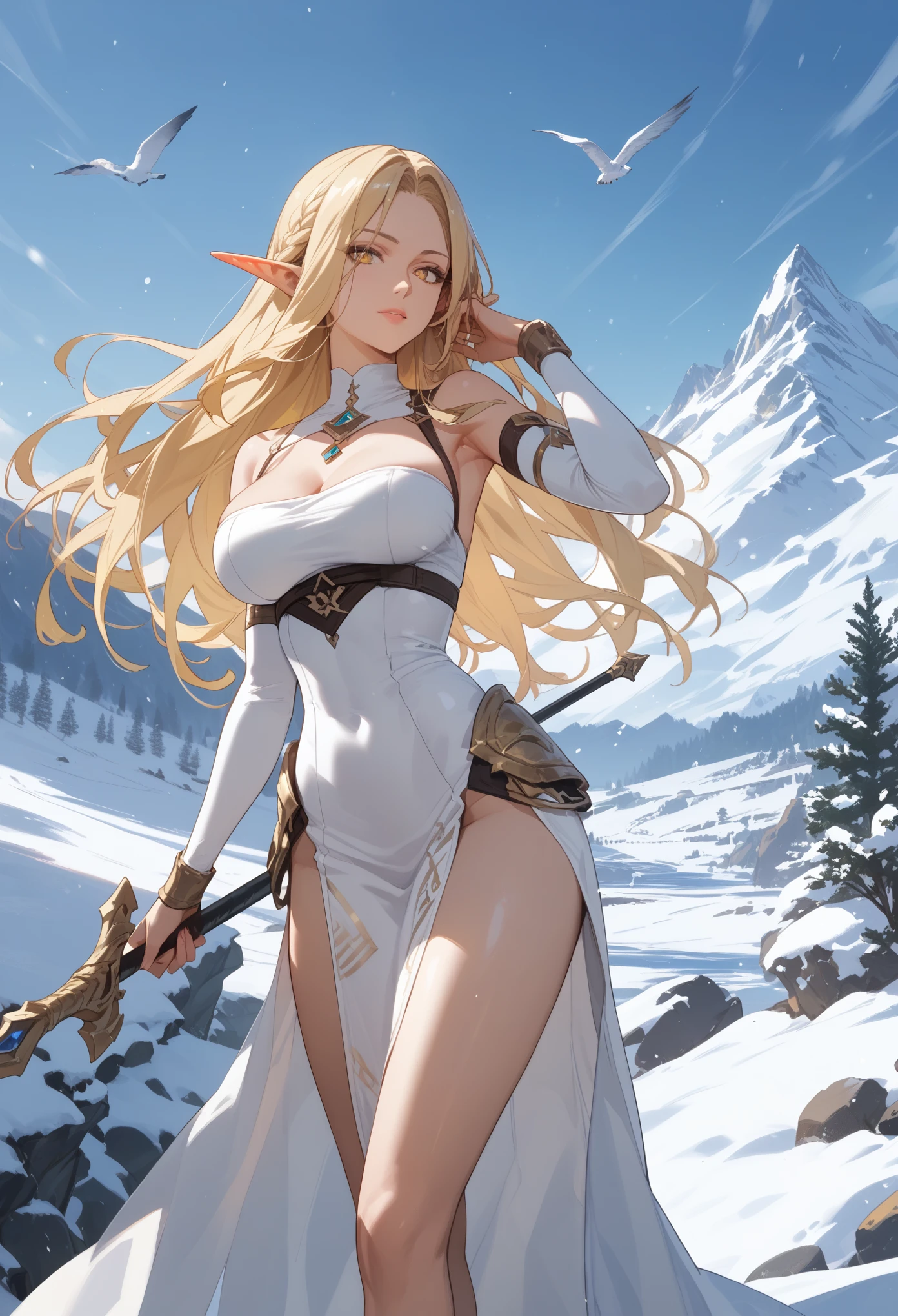 A tall blonde elf with blonde hair and yellow eyes. Large breasts, adventuring outfit, snowy landscape