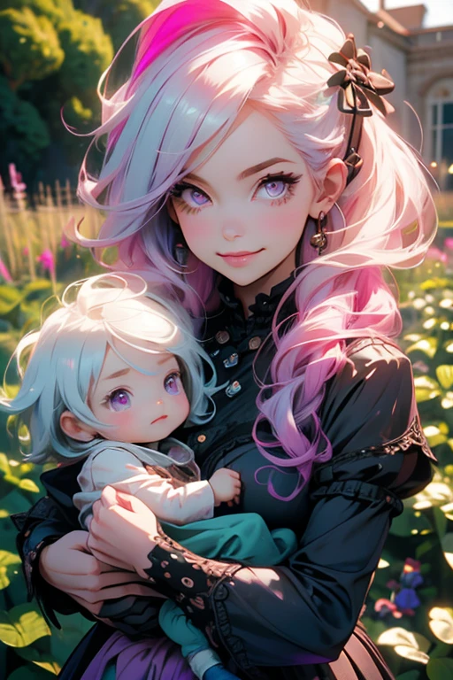 realistic, 1girl, 1 , white hair, purple eyes, glowing eyes, crop top, skirt, parted lips, blush, night, flowers, sun, sunlight, with a little boy her lap
