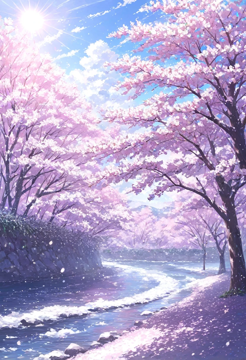 ((pastel))、One woman, river and Senbonzakura , cherry blossoms on one side per ,Cherry Blossom Snowstorm,Pink glow,noon, sunlight shines in, seen from afar,Focus on scenery , moving scene 